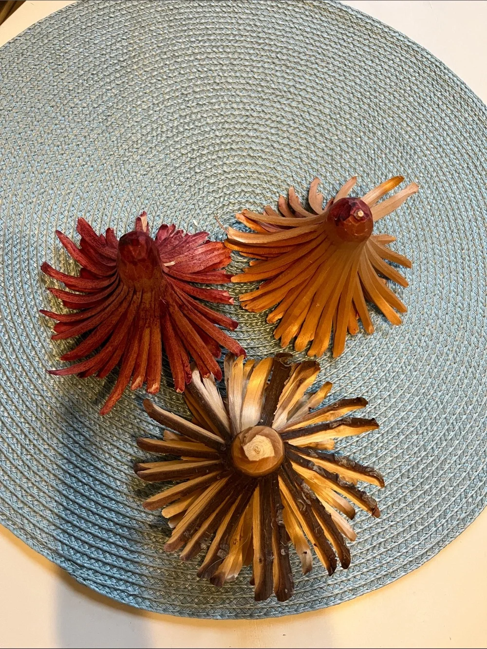 3 Handcrafted Decorative Wood Flower Set - Orange, Rust & Natural